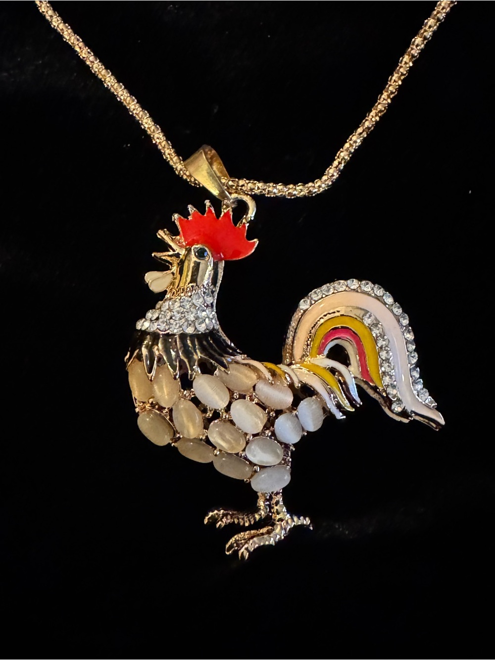 Gold-Tone Rooster Pendant Necklace with Red Crest and Multicolor Tail